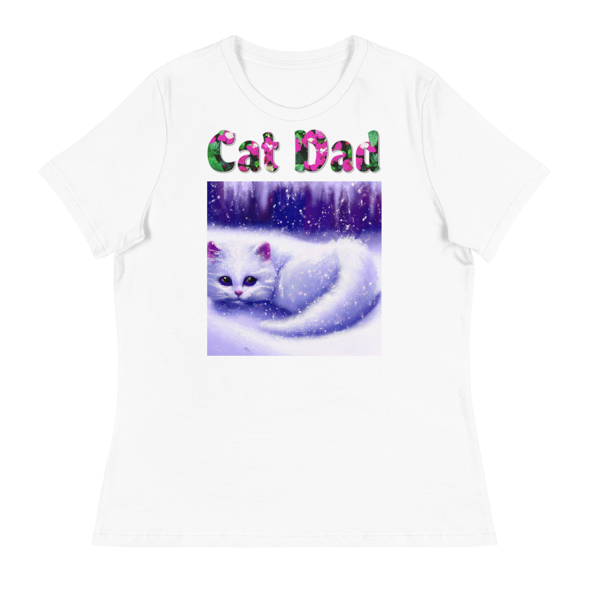 Womens WhiteT-Shirt with Beautiful White Kitten In The Snow with a text "Cat Dad" at $25.97 found at Personalizedpetlovergifts