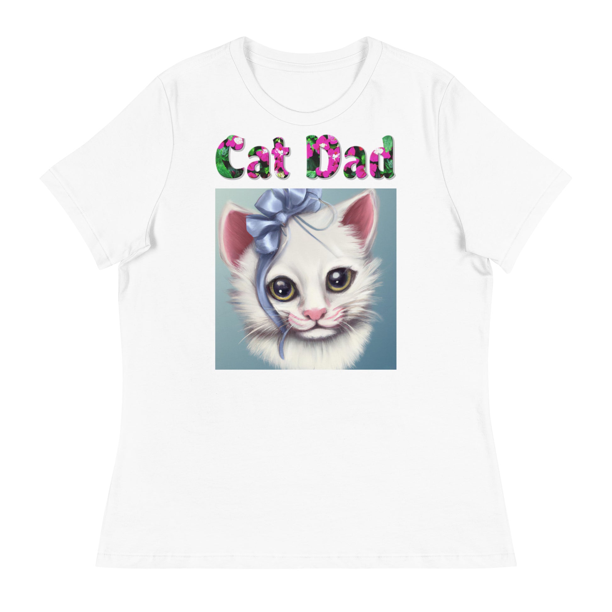 Womens WhiteT-Shirt with Beautiful Kitten With Blue bow with a text "Cat Dad" at $25.97 found at Personalizedpetlovergifts