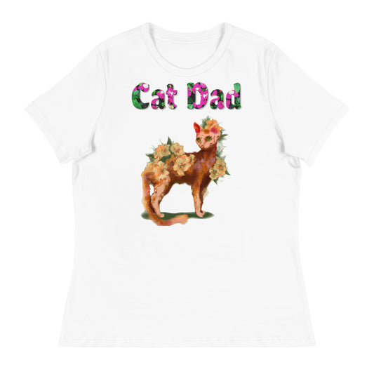 Womens WhiteT-Shirt with Beautiful Ginger Floral Cat with a text "Cat Dad" at $25.97 found at Personalizedpetlovergifts