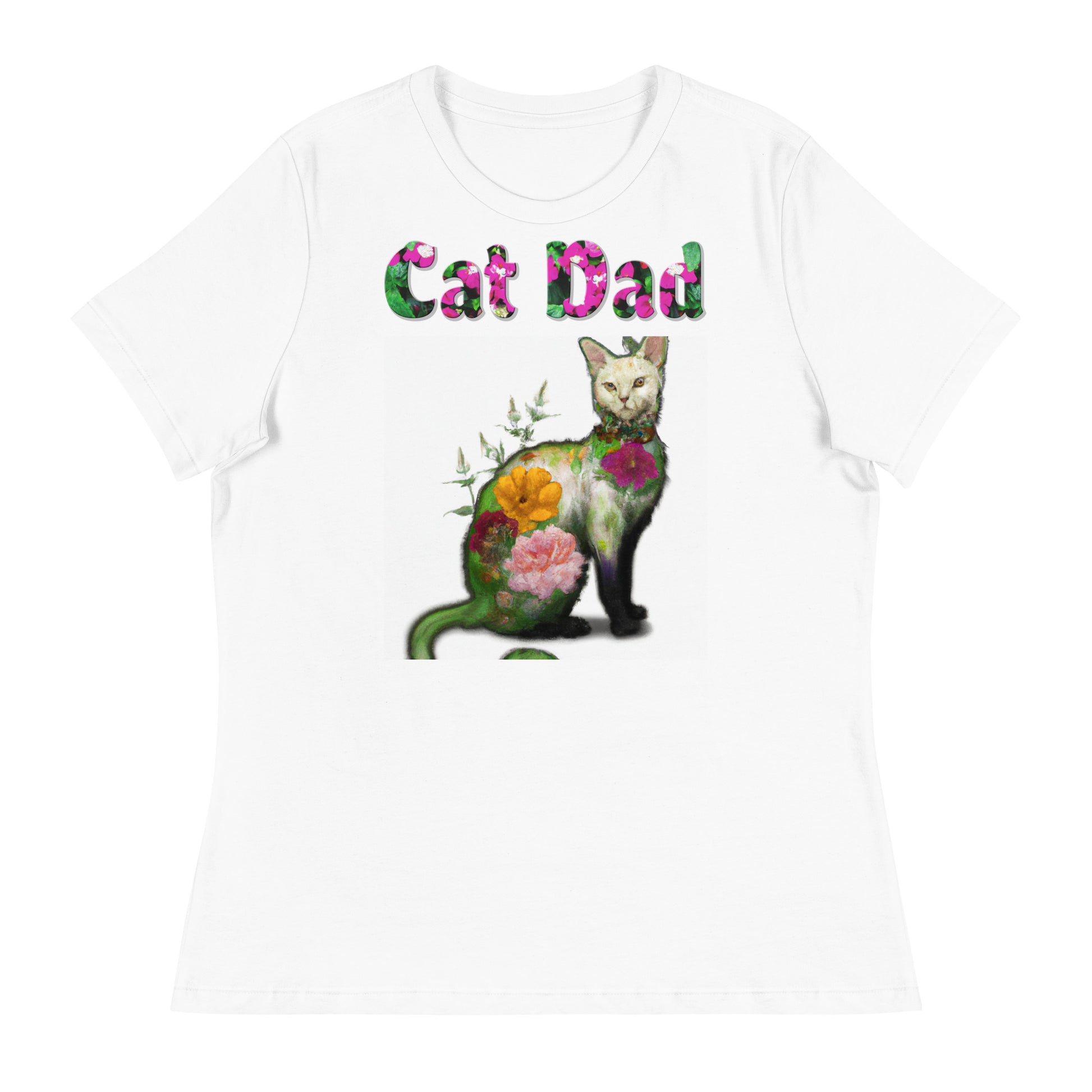 Womens WhiteT-Shirt with Beautiful Floral Cat with a text "Cat Dad" at $25.97 found at Personalizedpetlovergifts