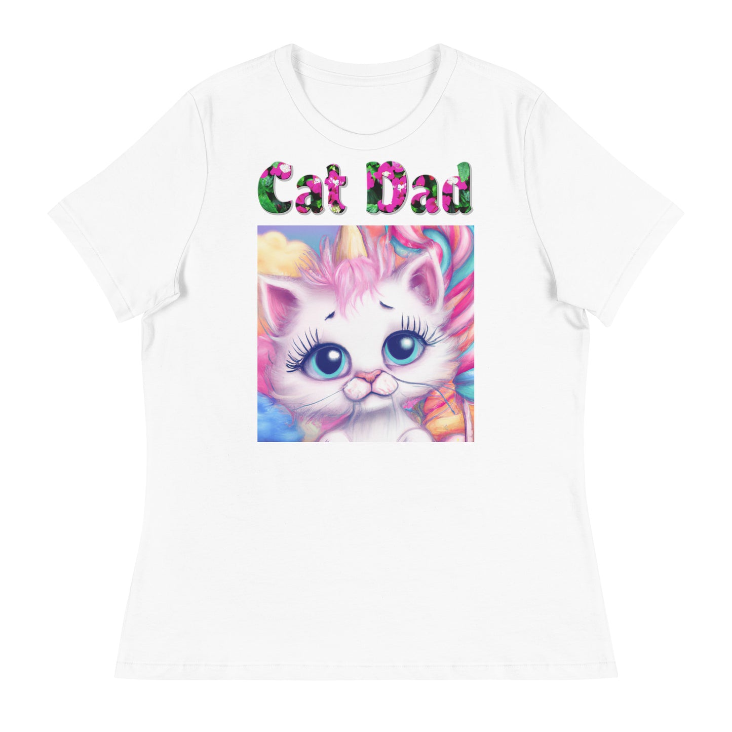 Womens WhiteT-Shirt with Beautiful Cotton Candy Unicorn Kitten with a text "Cat Dad" at $25.97 found at Personalizedpetlovergifts