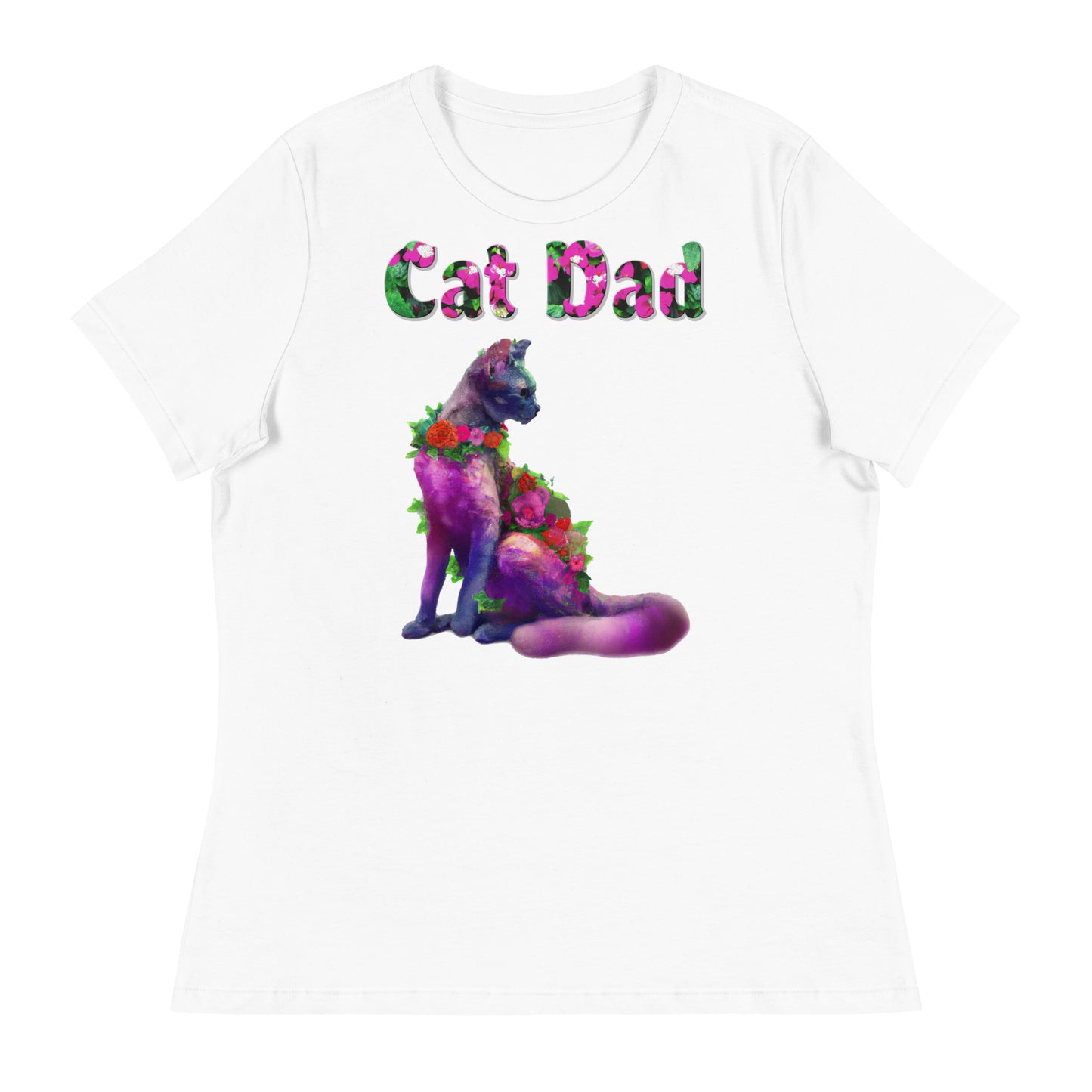 Womens WhiteT-Shirt with Beautiful Cat With Flowers with a text "Cat Dad" at $25.97 found at Personalizedpetlovergifts