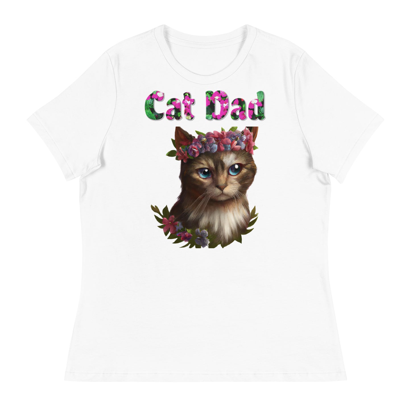 Womens WhiteT-Shirt with Beautiful Cat Portrait With Flowers with a text "Cat Dad" at $25.97 found at Personalizedpetlovergifts