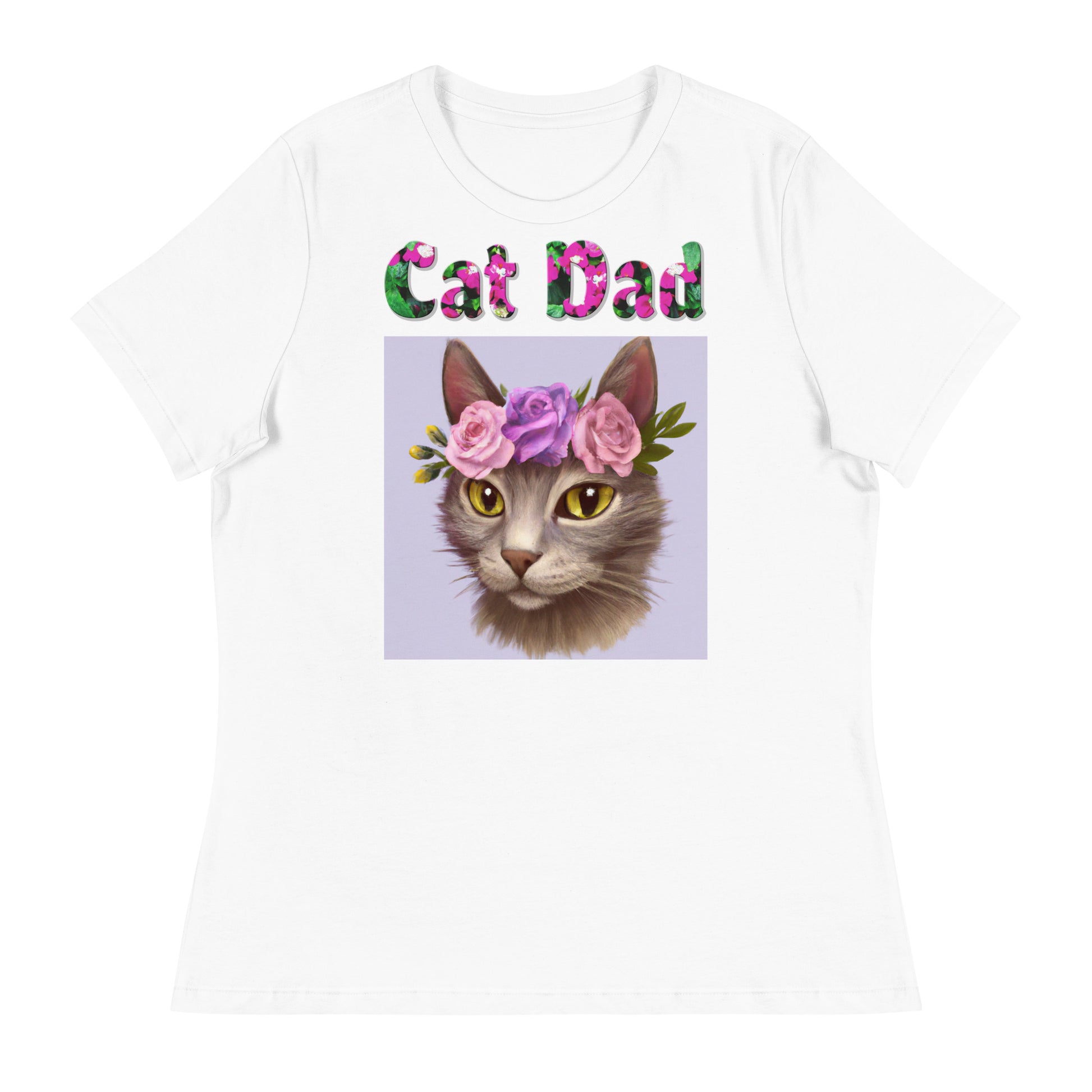 Womens WhiteT-Shirt with Beautiful Cat Portrait With Floral Headpiece And Roses with a text "Cat Dad" at $25.97 found at Personalizedpetlovergifts