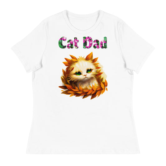 Womens WhiteT-Shirt with Beautiful Cat In Autumn Leaves with a text "Cat Dad" at $25.97 found at Personalizedpetlovergifts