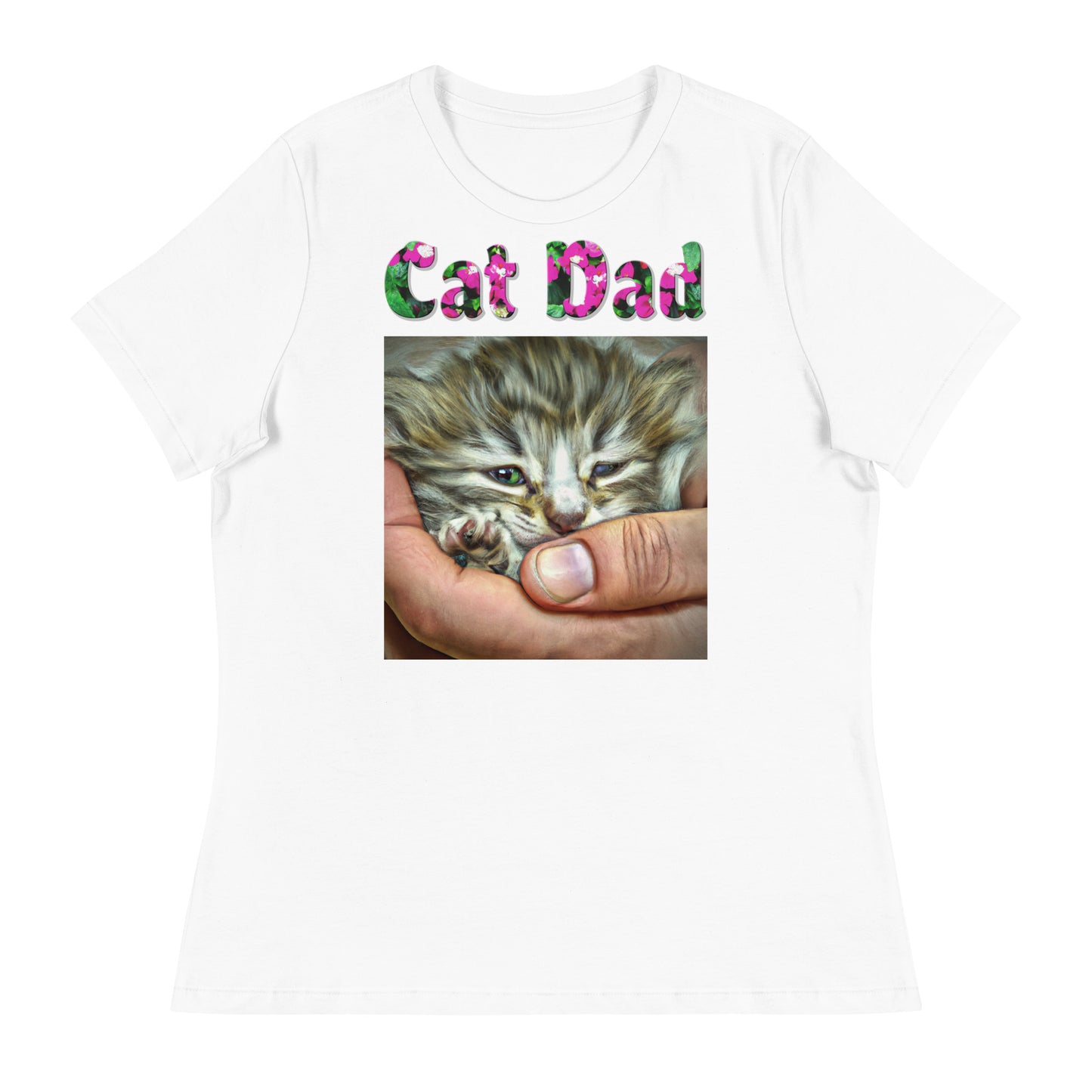 Womens WhiteT-Shirt with Baby Kitten In Hand with a text "Cat Dad" at $25.97 found at Personalizedpetlovergifts