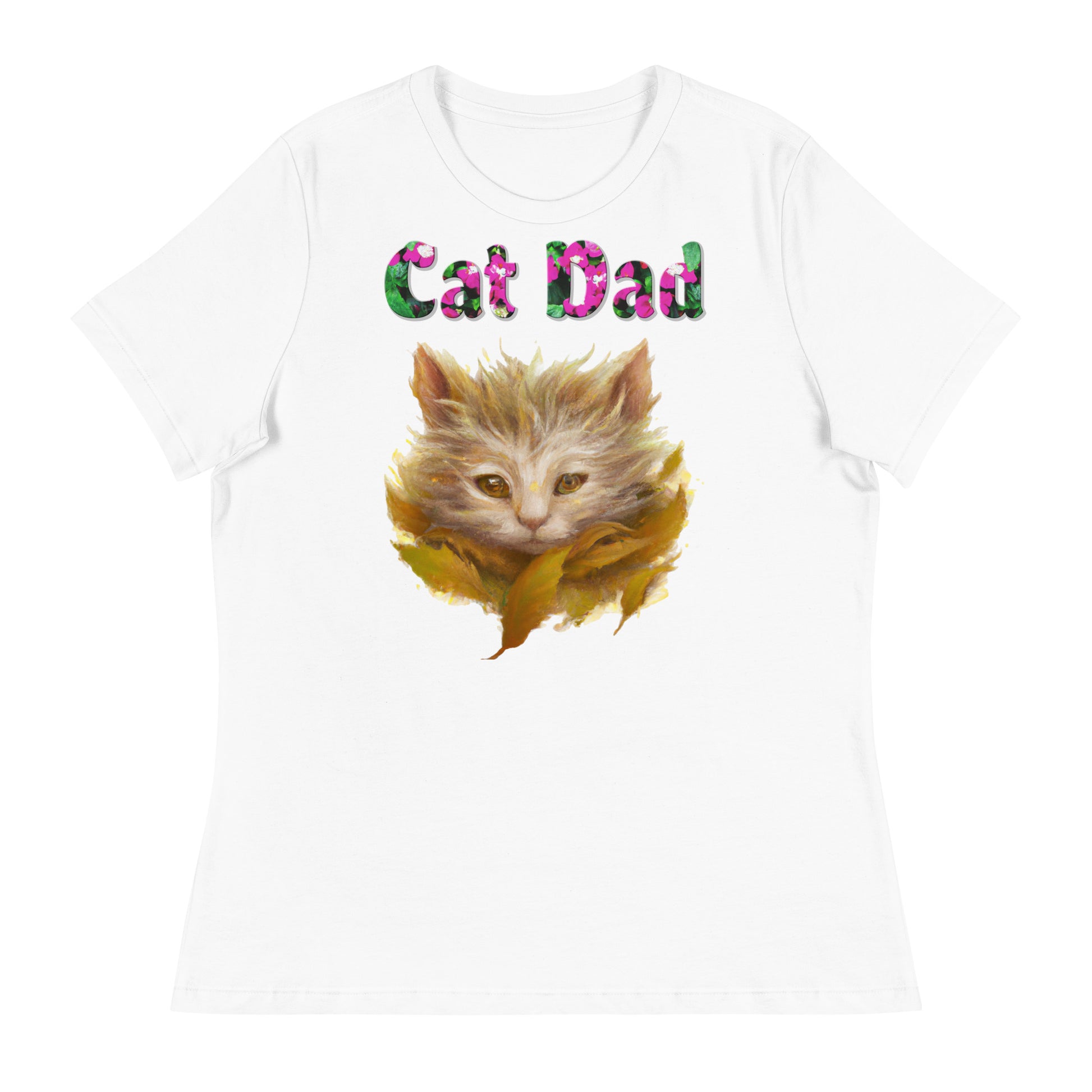 Womens WhiteT-Shirt with Autumn Cat with a text "Cat Dad" at $25.97 found at Personalizedpetlovergifts