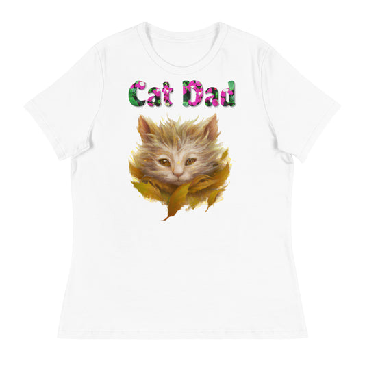 Womens WhiteT-Shirt with Autumn Cat with a text "Cat Dad" at $25.97 found at Personalizedpetlovergifts