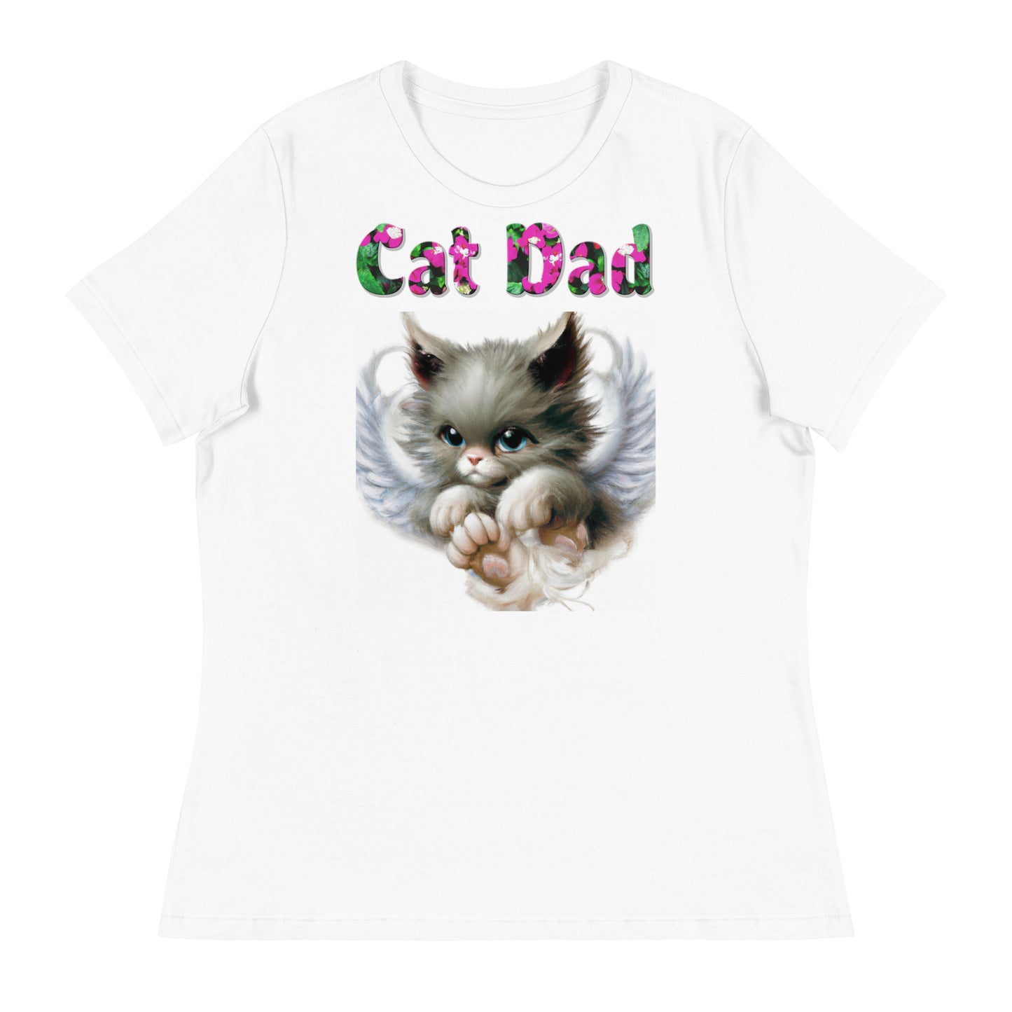 Womens WhiteT-Shirt with Angel Kitten with a text "Cat Dad" at $25.97 found at Personalizedpetlovergifts