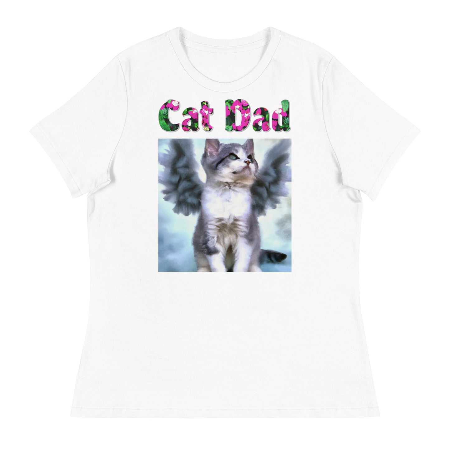 Womens WhiteT-Shirt with Angel Kitten With Fluffy Wings with a text "Cat Dad" at $25.97 found at Personalizedpetlovergifts