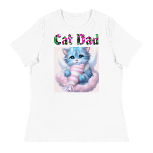 Womens WhiteT-Shirt with Angel Kitten On a Fluffy Cloud with a text "Cat Dad" at $25.97 found at Personalizedpetlovergifts