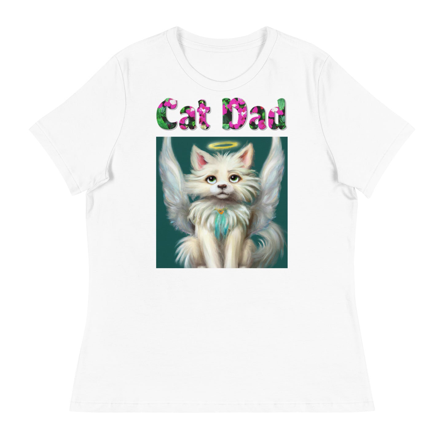 Womens WhiteT-Shirt with Angel Cat with a text "Cat Dad" at $25.97 found at Personalizedpetlovergifts