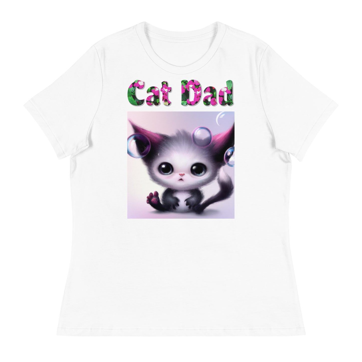 Womens WhiteT-Shirt with Alien Kitten With Bubbles with a text "Cat Dad" at $25.97 found at Personalizedpetlovergifts