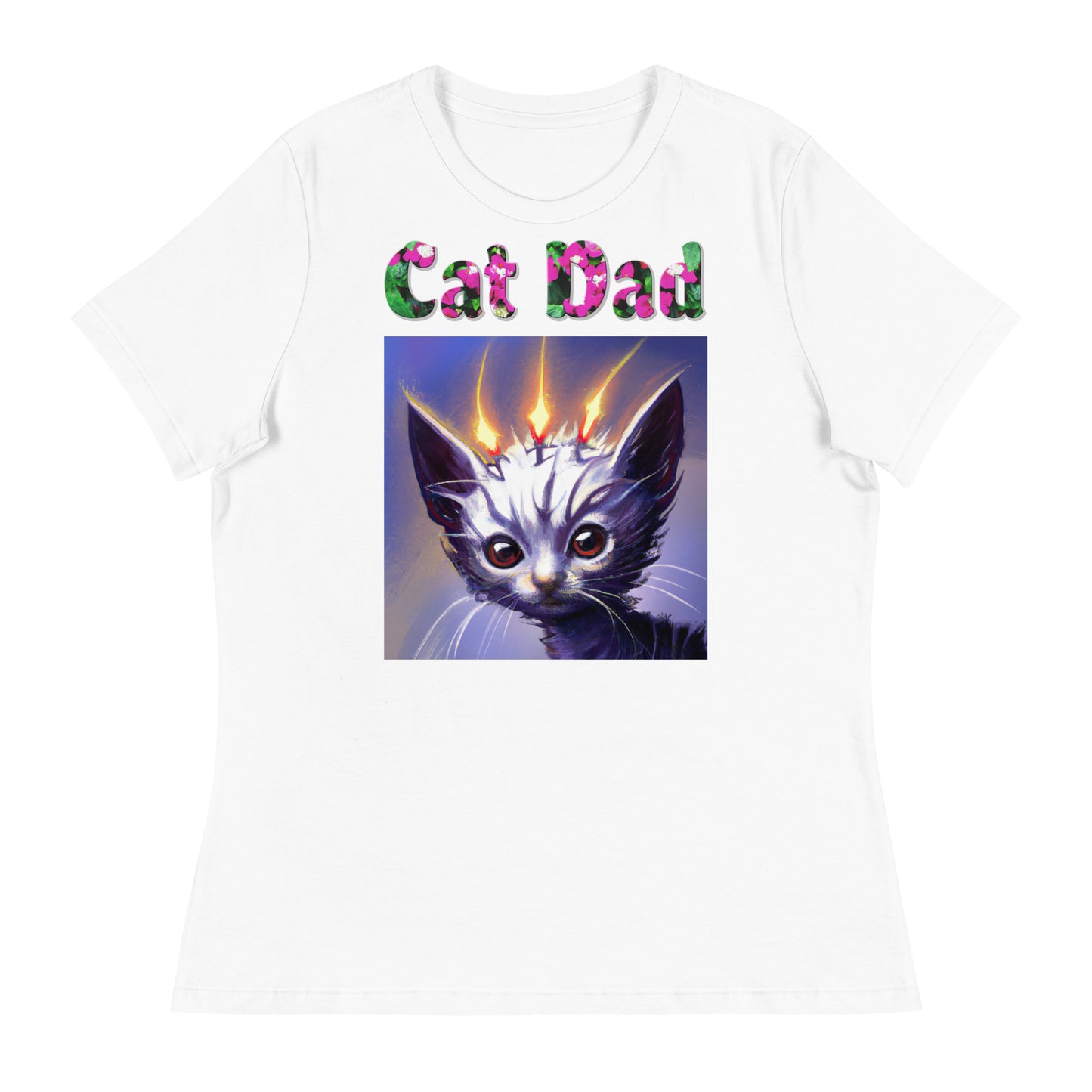 Womens WhiteT-Shirt with Alien Cat With Fiery Spikes with a text "Cat Dad" at $25.97 found at Personalizedpetlovergifts