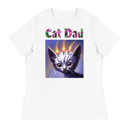 Womens WhiteT-Shirt with Alien Cat With Fiery Spikes with a text "Cat Dad" at $25.97 found at Personalizedpetlovergifts