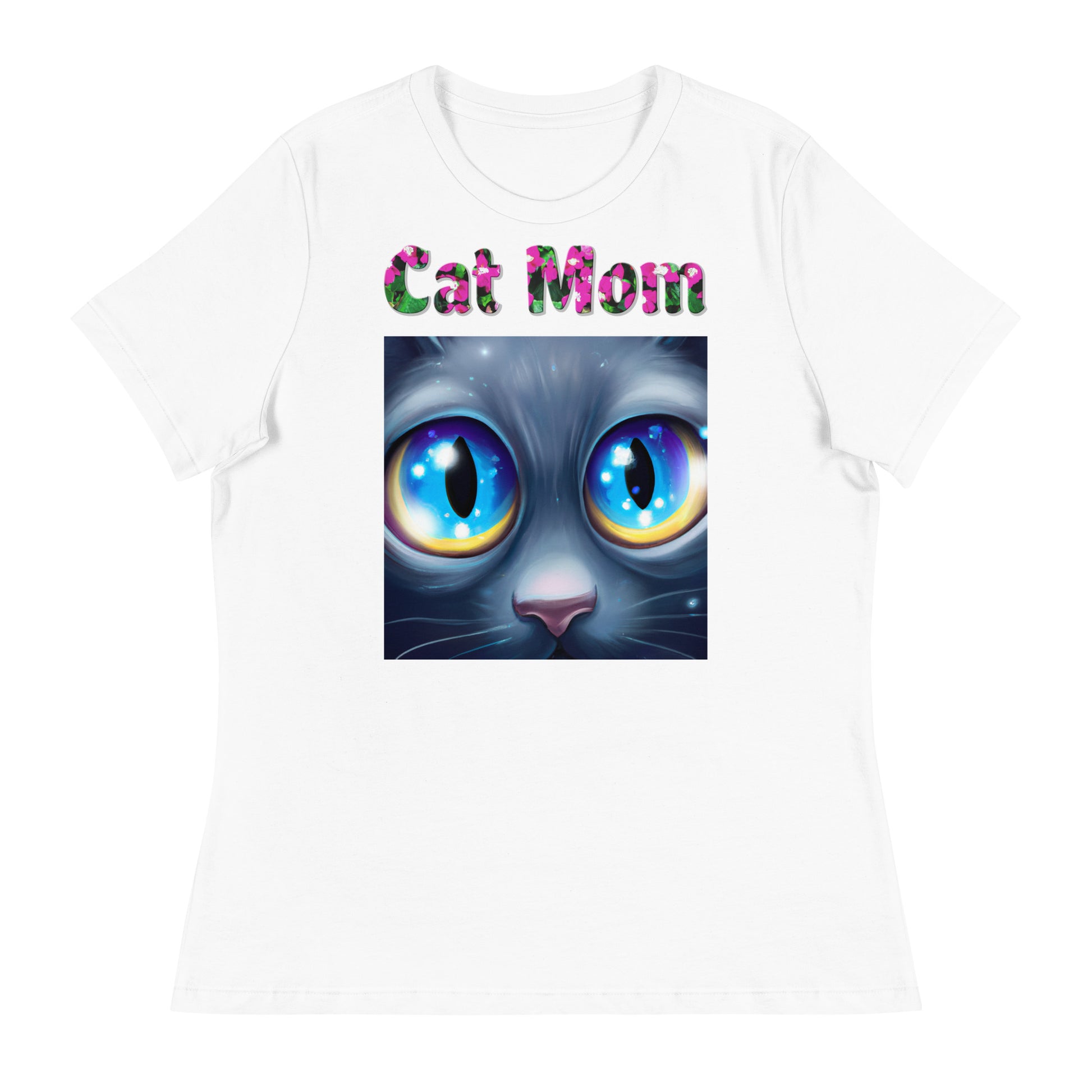 Womens WhiteT-Shirt with Cat Close Up With Blue Eyes with a text "Cat Mom" at $25.97 found at Personalizedpetlovergifts