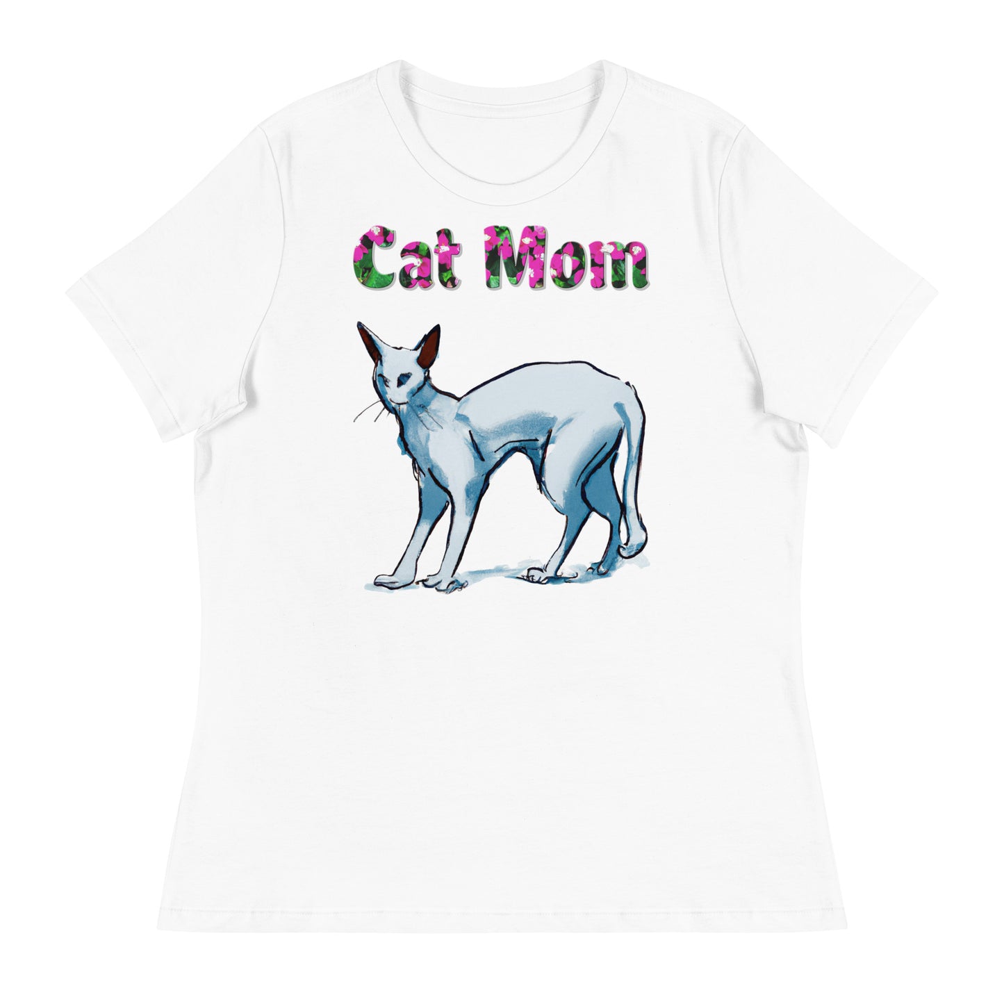 Womens WhiteT-Shirt with Cat Artistic Painting with a text "Cat Mom" at $25.97 found at Personalizedpetlovergifts