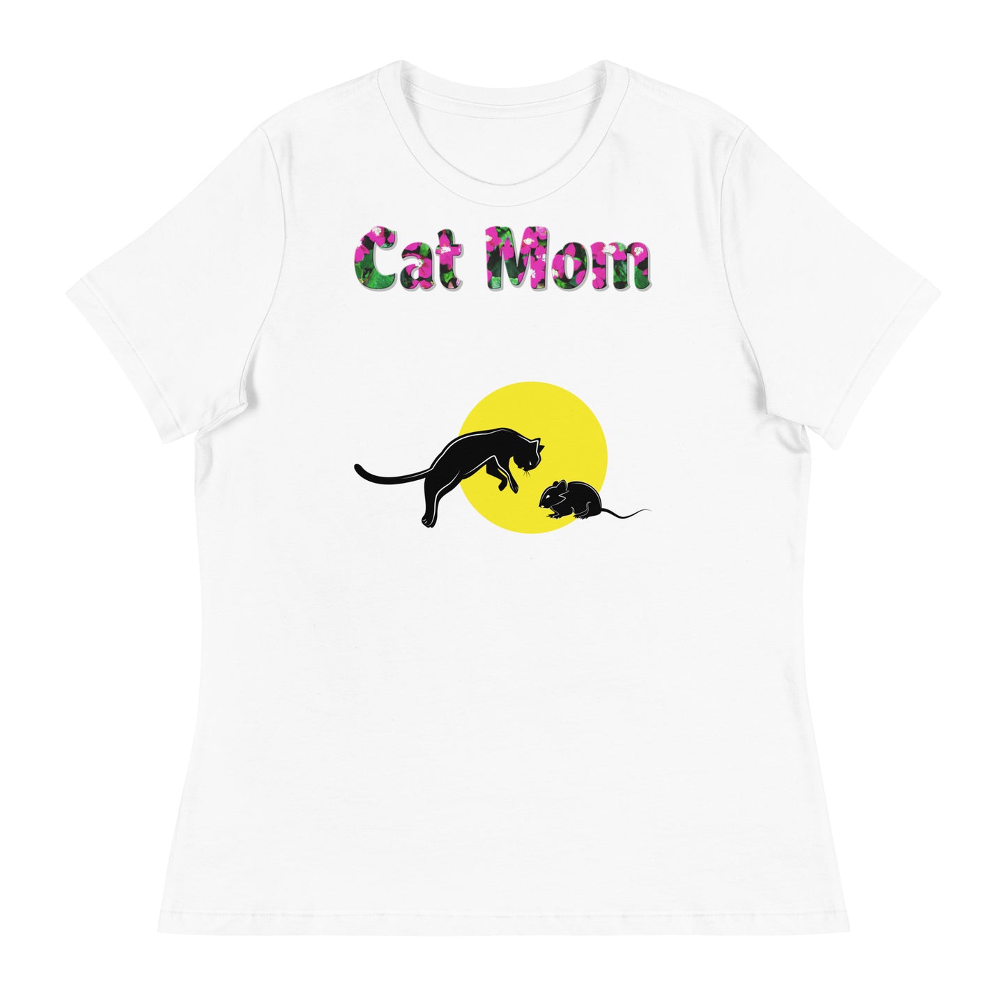 Womens WhiteT-Shirt with Cat And Mouse with a text "Cat Mom" at $25.97 found at Personalizedpetlovergifts