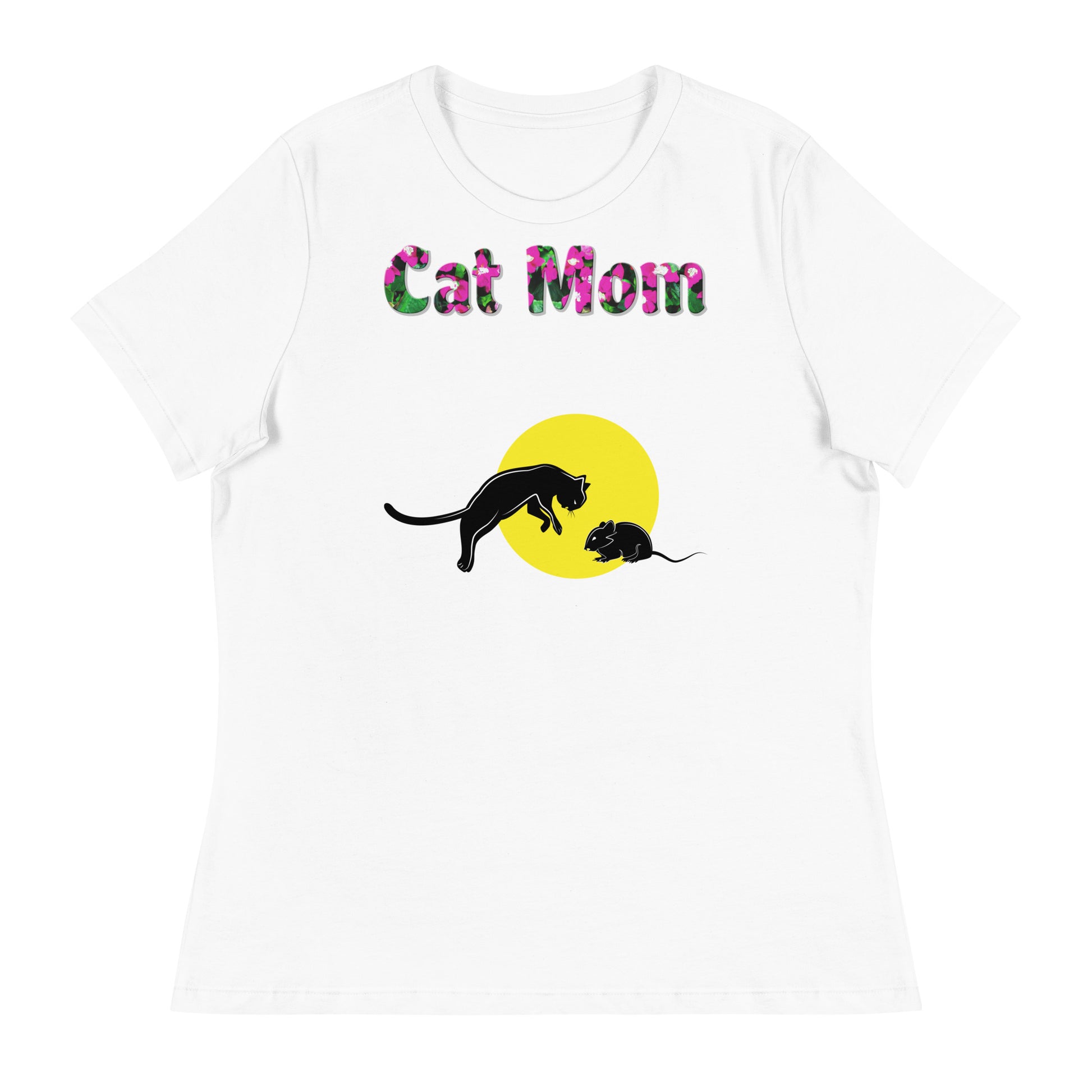 Womens WhiteT-Shirt with Cat And Mouse with a text "Cat Mom" at $25.97 found at Personalizedpetlovergifts