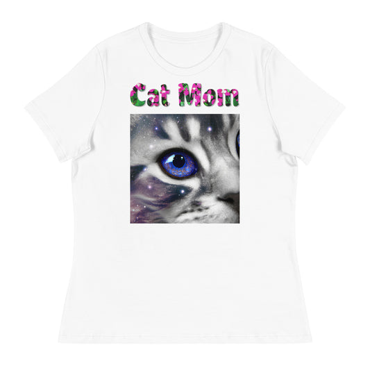 Womens WhiteT-Shirt with Blue Galaxy Eyed Cat with a text "Cat Mom" at $25.97 found at Personalizedpetlovergifts