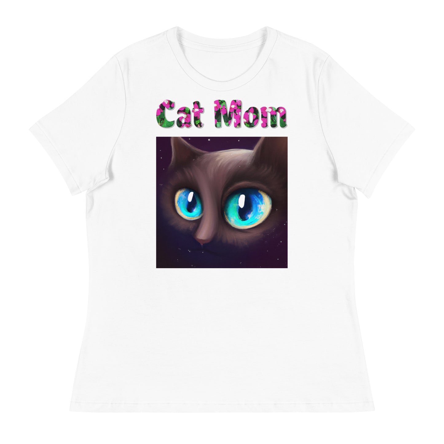 Womens WhiteT-Shirt with Blue Eyed Cat Portrait with a text "Cat Mom" at $25.97 found at Personalizedpetlovergifts