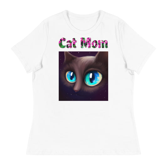 Womens WhiteT-Shirt with Blue Eyed Cat Portrait with a text "Cat Mom" at $25.97 found at Personalizedpetlovergifts