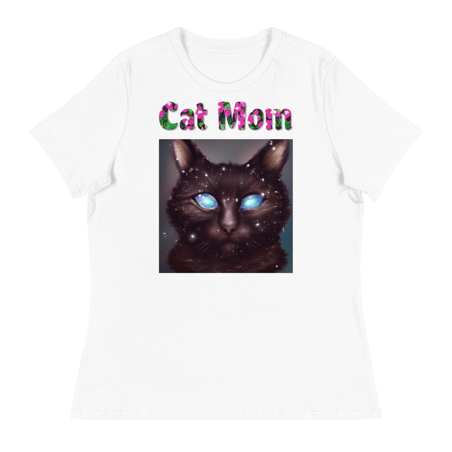 Womens WhiteT-Shirt with Blue Eyed Galaxy Cat with a text "Cat Mom" at $25.97 found at Personalizedpetlovergifts