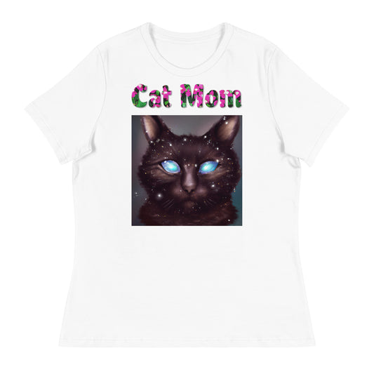 Womens WhiteT-Shirt with Blue Eyed Galaxy Cat with a text "Cat Mom" at $25.97 found at Personalizedpetlovergifts