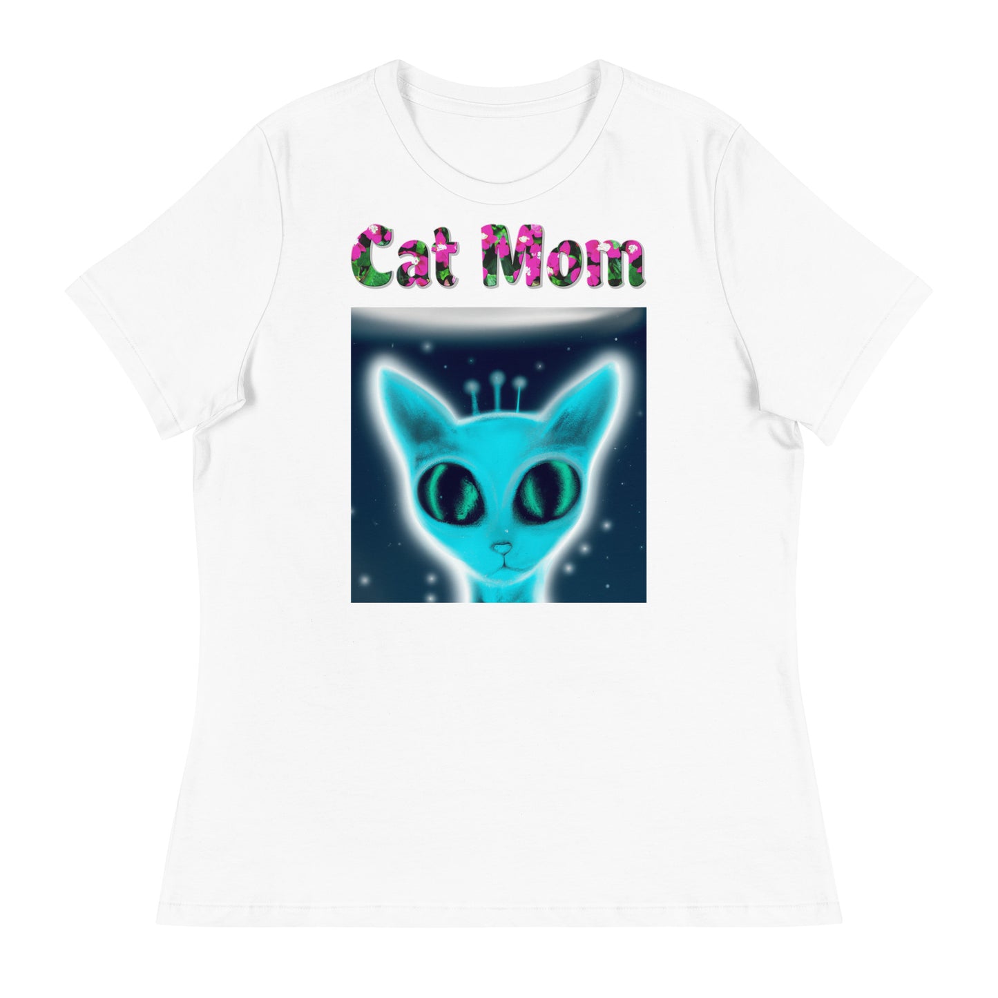 Womens WhiteT-Shirt with Blue Alien Cat with a text "Cat Mom" at $25.97 found at Personalizedpetlovergifts