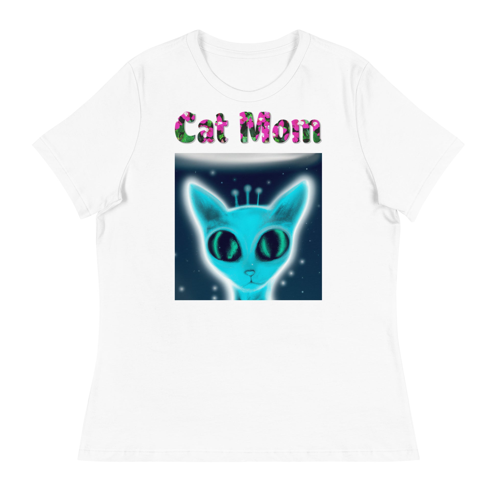 Womens WhiteT-Shirt with Blue Alien Cat with a text "Cat Mom" at $25.97 found at Personalizedpetlovergifts