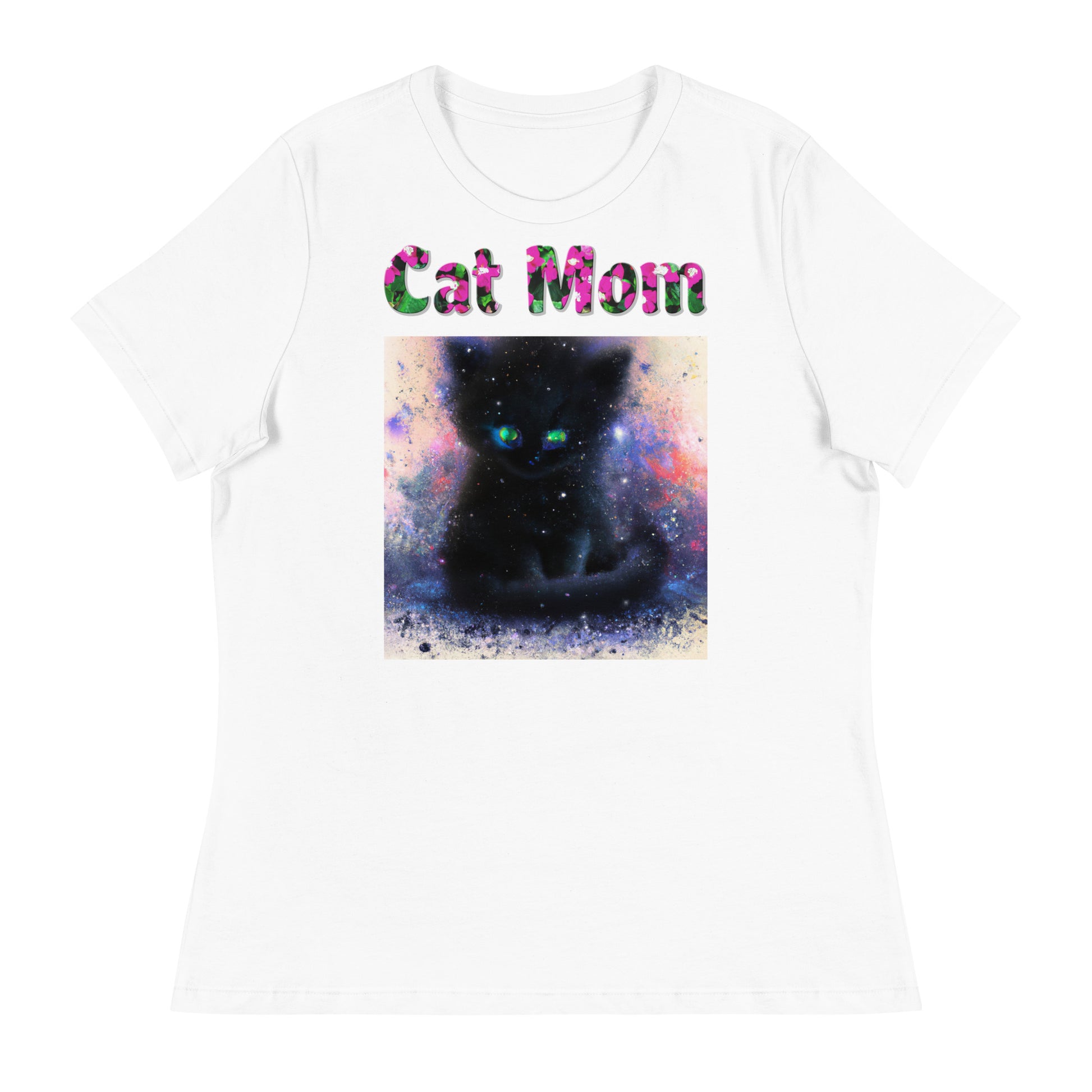 Womens WhiteT-Shirt with Black Kitten Abstract Art with a text "Cat Mom" at $25.97 found at Personalizedpetlovergifts