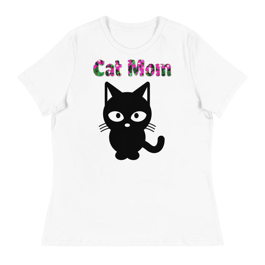 Womens WhiteT-Shirt with Black Cat Silhouette with a text "Cat Mom" at $25.97 found at Personalizedpetlovergifts