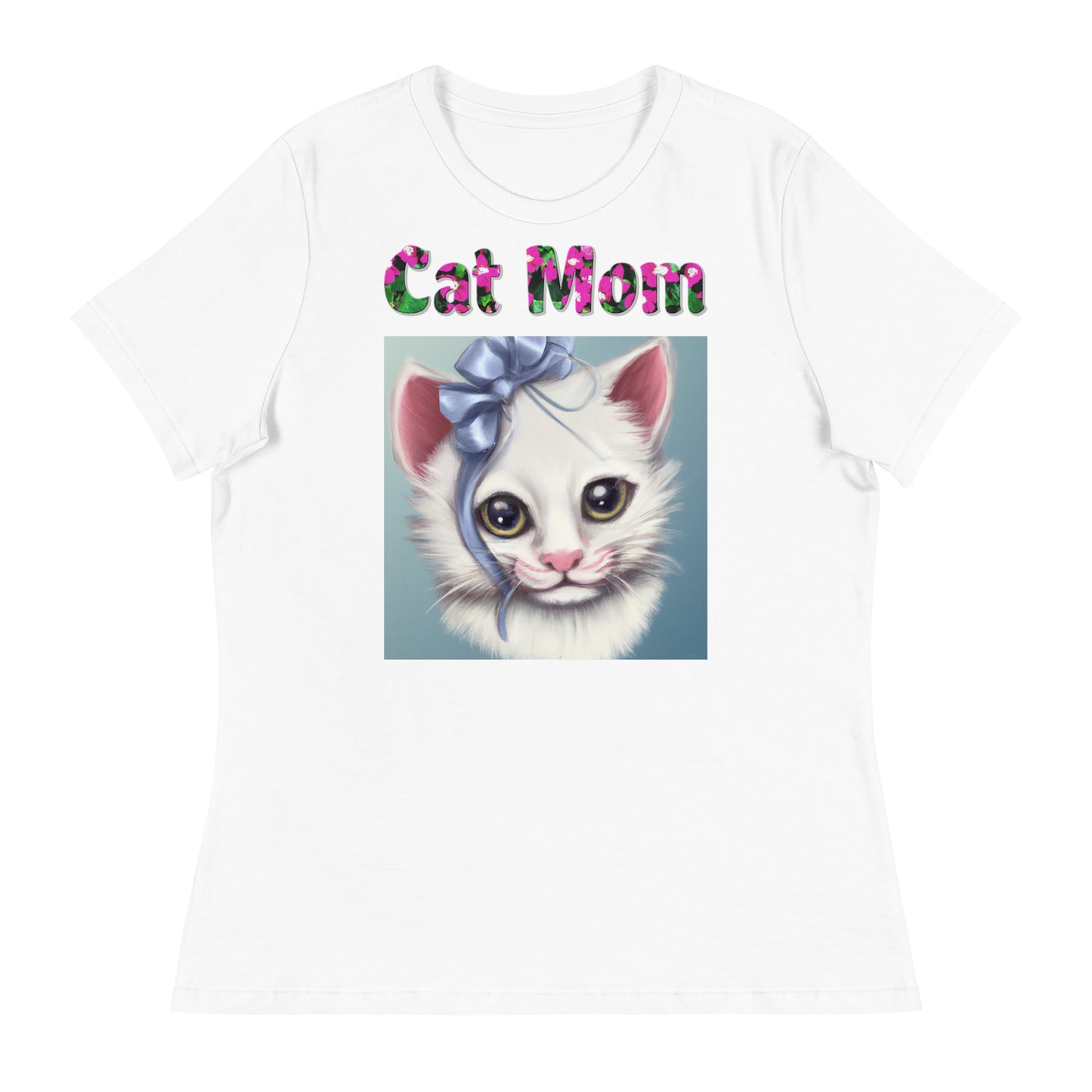 Womens WhiteT-Shirt with Beautiful Kitten With Blue bow with a text "Cat Mom" at $25.97 found at Personalizedpetlovergifts