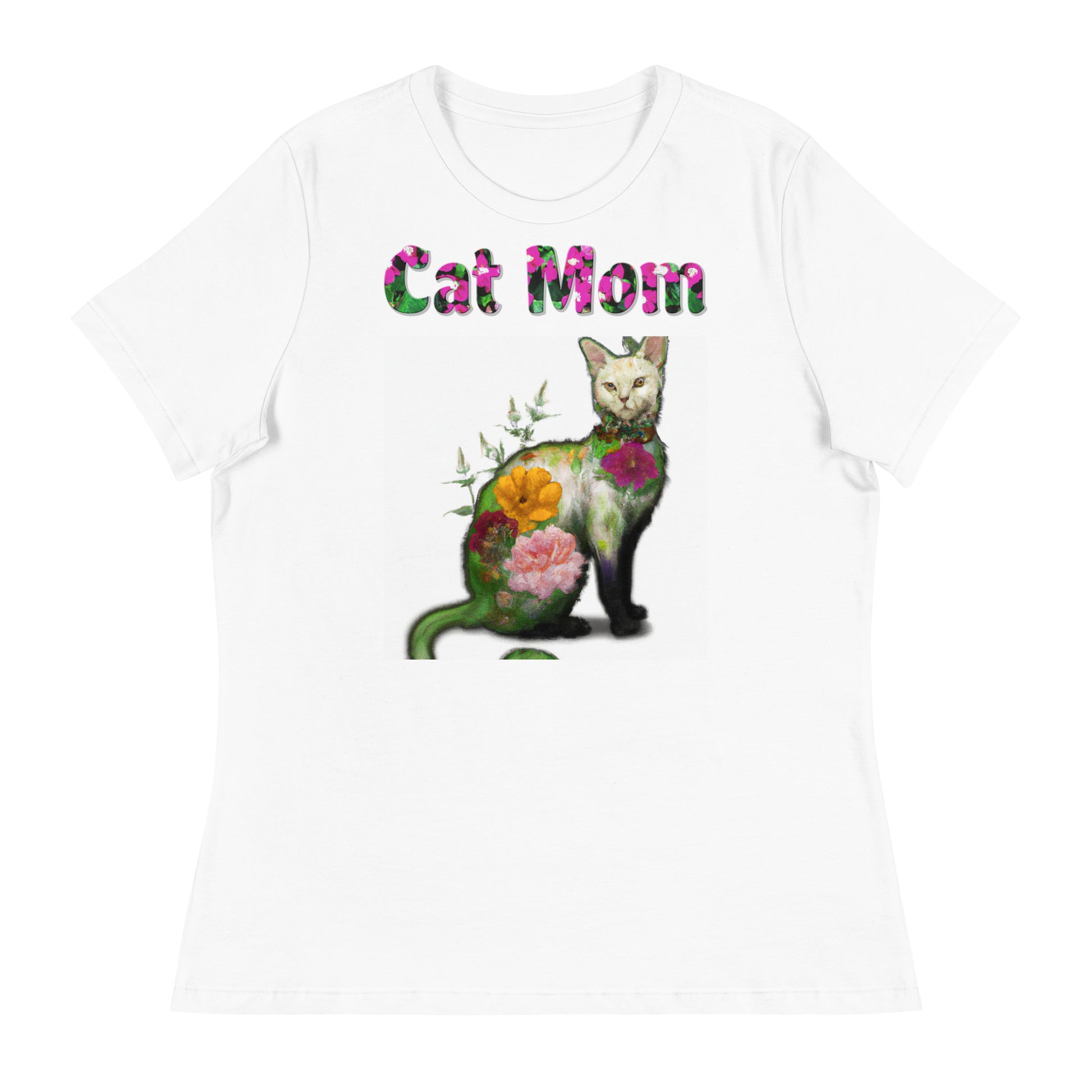 Womens WhiteT-Shirt with Beautiful Floral Cat with a text "Cat Mom" at $25.97 found at Personalizedpetlovergifts