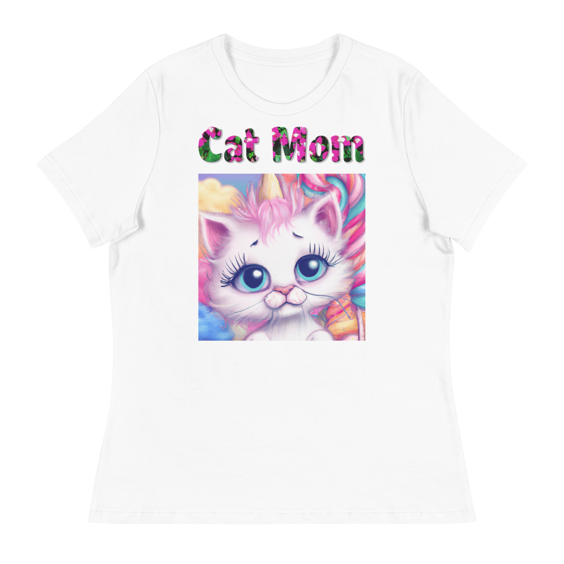 Womens WhiteT-Shirt with Beautiful Cotton Candy Unicorn Kitten with a text "Cat Mom" at $25.97 found at Personalizedpetlovergifts