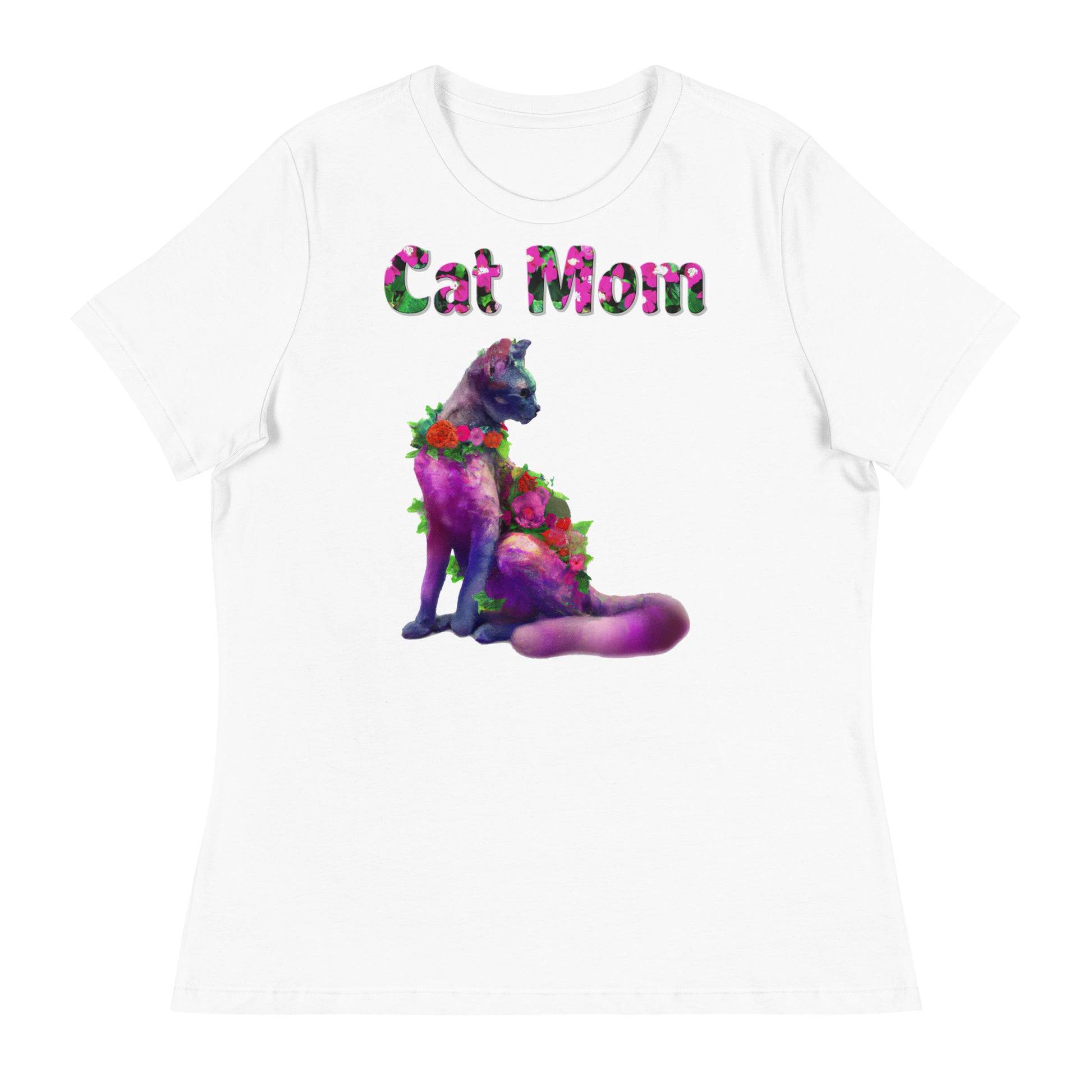 Womens WhiteT-Shirt with Beautiful Cat With Flowers with a text "Cat Mom" at $25.97 found at Personalizedpetlovergifts