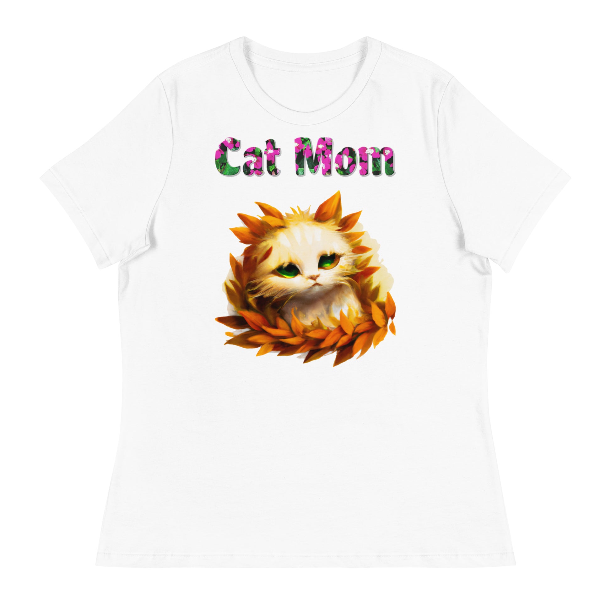 Womens WhiteT-Shirt with Beautiful Cat In Autumn Leaves with a text "Cat Mom" at $25.97 found at Personalizedpetlovergifts