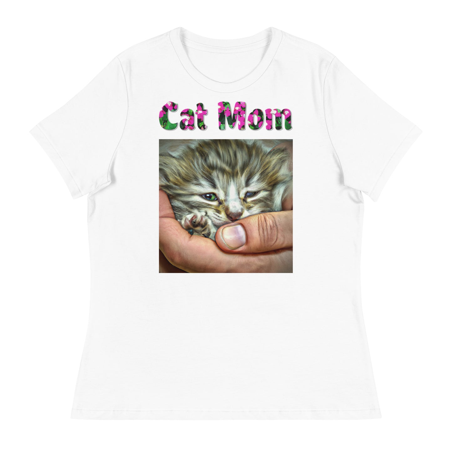 Womens WhiteT-Shirt with Baby Kitten In Hand with a text "Cat Mom" at $25.97 found at Personalizedpetlovergifts