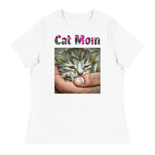 Womens WhiteT-Shirt with Baby Kitten In Hand with a text "Cat Mom" at $25.97 found at Personalizedpetlovergifts