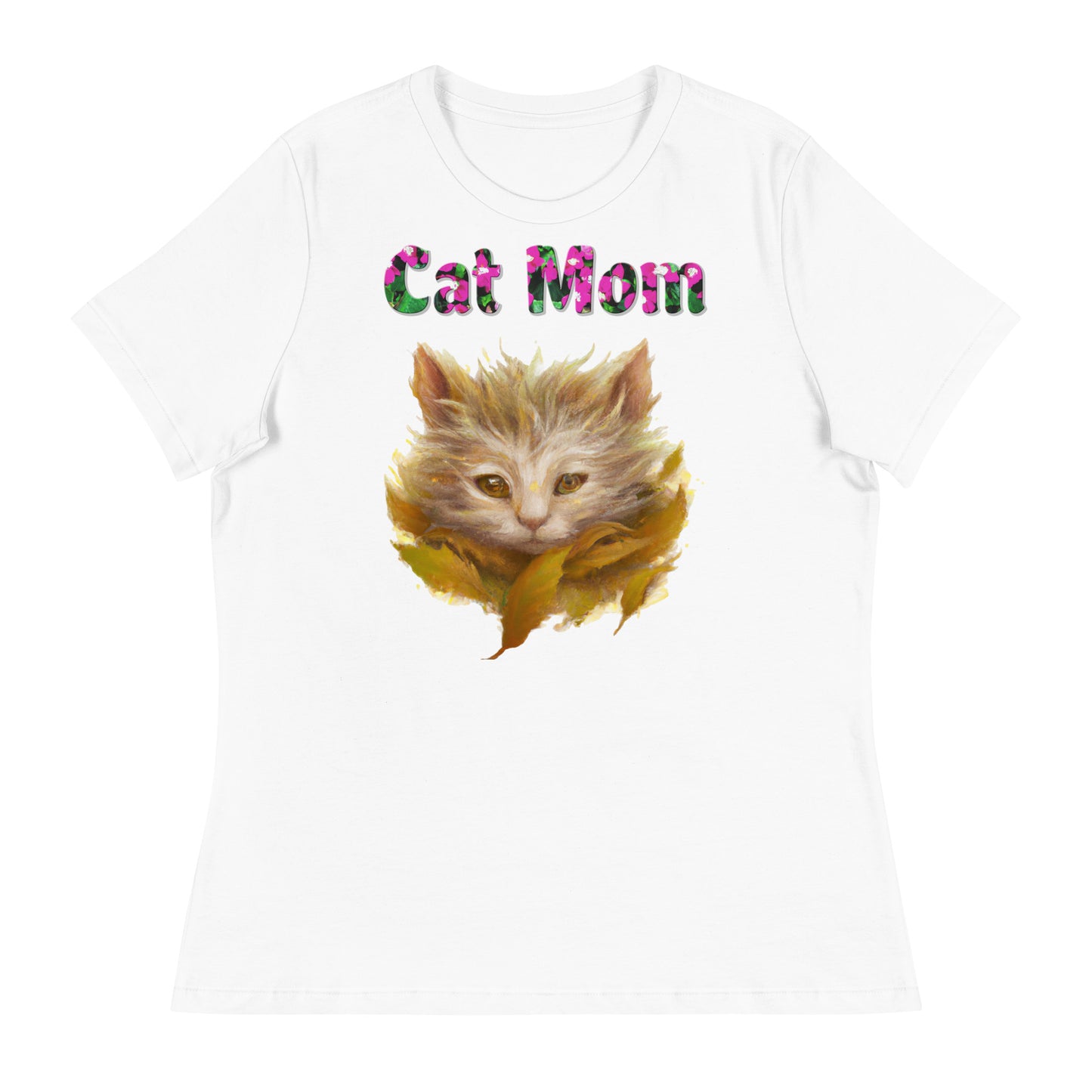 Womens WhiteT-Shirt with Autumn Cat with a text "Cat Mom" at $25.97 found at Personalizedpetlovergifts