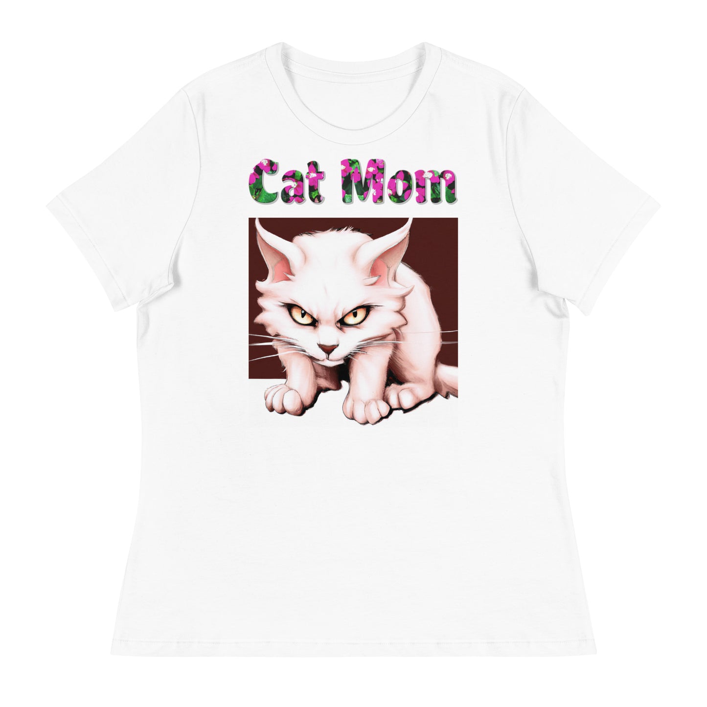 Womens WhiteT-Shirt with Angry Pink Kitty with a text "Cat Mom" at $25.97 found at Personalizedpetlovergifts