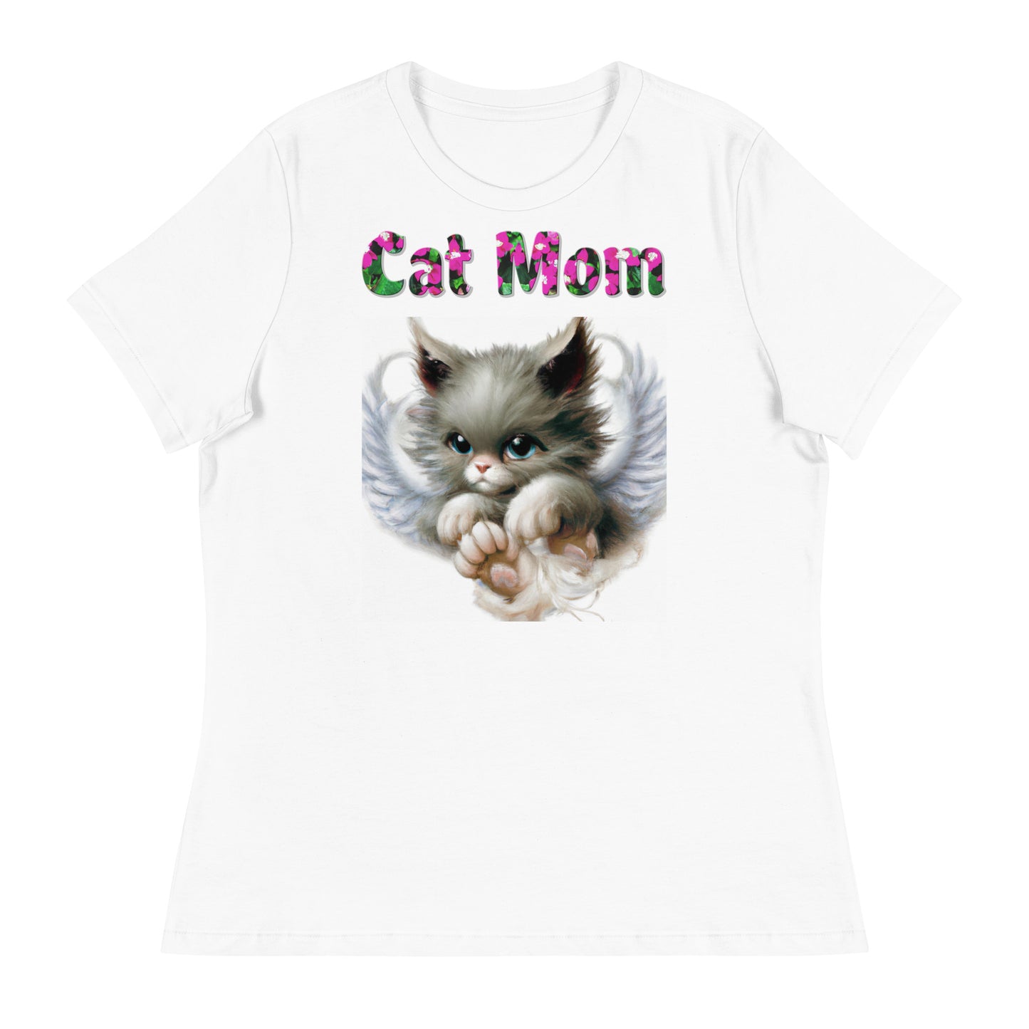 Womens WhiteT-Shirt with Angel Kitten with a text "Cat Mom" at $25.97 found at Personalizedpetlovergifts