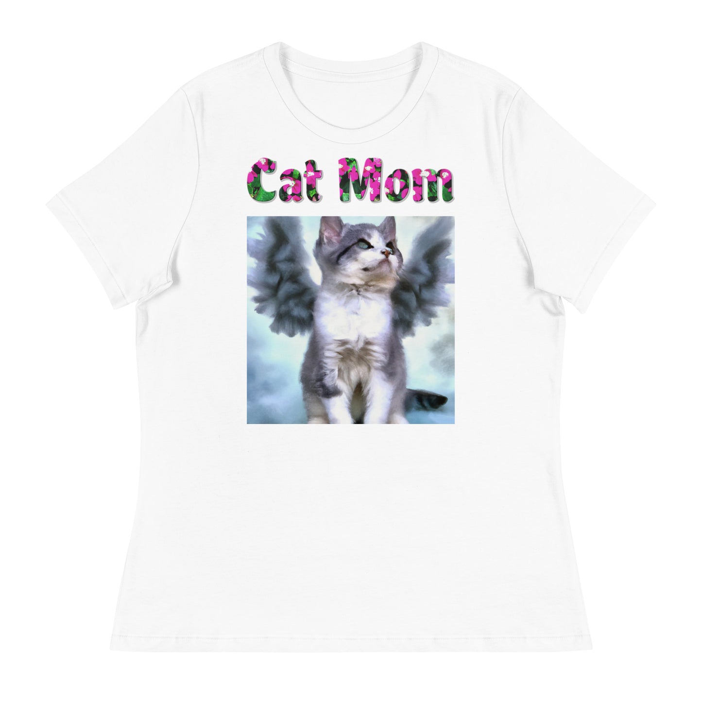 Womens WhiteT-Shirt with Angel Kitten With Fluffy Wings with a text "Cat Mom" at $25.97 found at Personalizedpetlovergifts