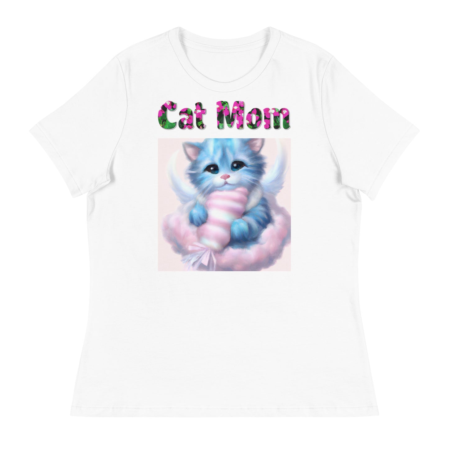 Womens WhiteT-Shirt with Angel Kitten On a Fluffy Cloud with a text "Cat Mom" at $25.97 found at Personalizedpetlovergifts