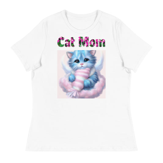 Womens WhiteT-Shirt with Angel Kitten On a Fluffy Cloud with a text "Cat Mom" at $25.97 found at Personalizedpetlovergifts