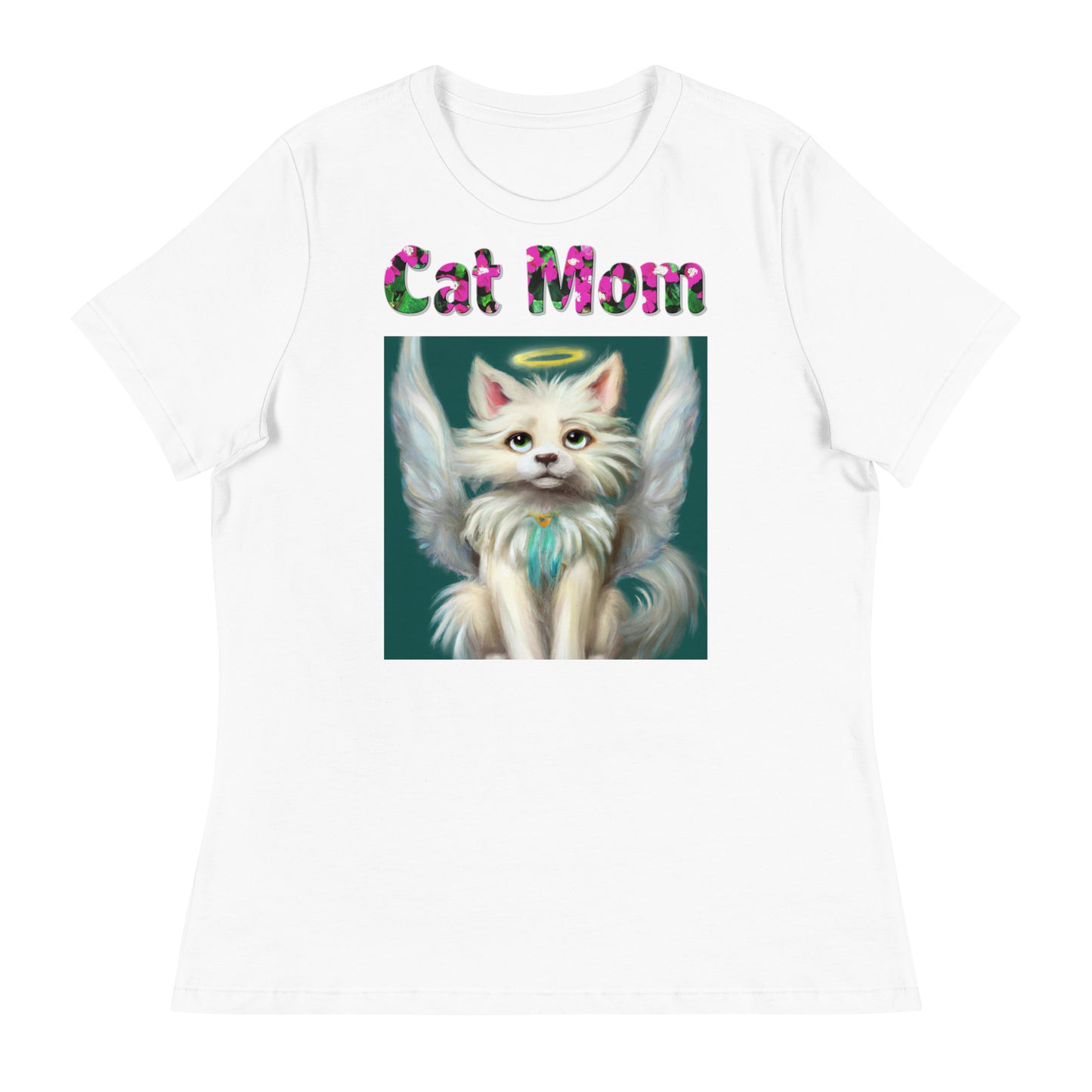 Womens WhiteT-Shirt with Angel Cat with a text "Cat Mom" at $25.97 found at Personalizedpetlovergifts