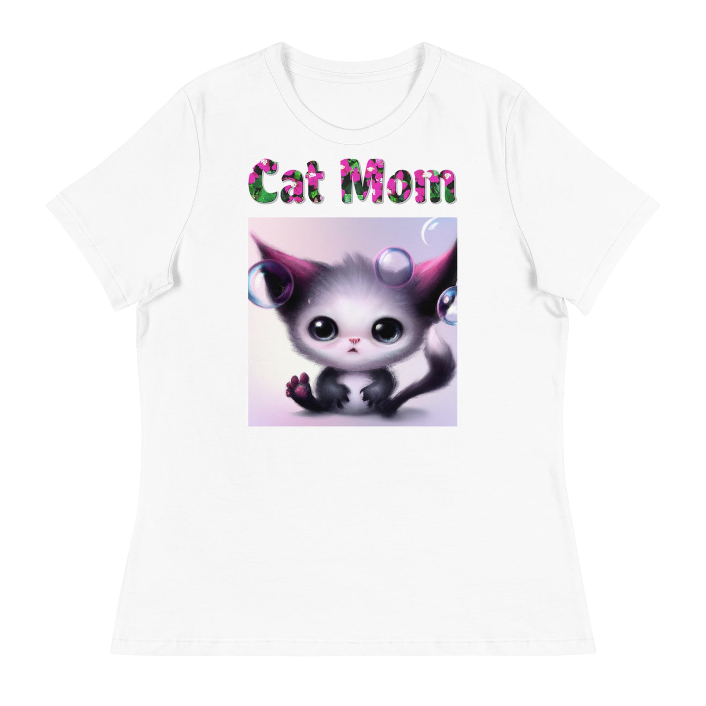 Womens WhiteT-Shirt with Alien Kitten With Bubbles with a text "Cat Mom" at $25.97 found at Personalizedpetlovergifts