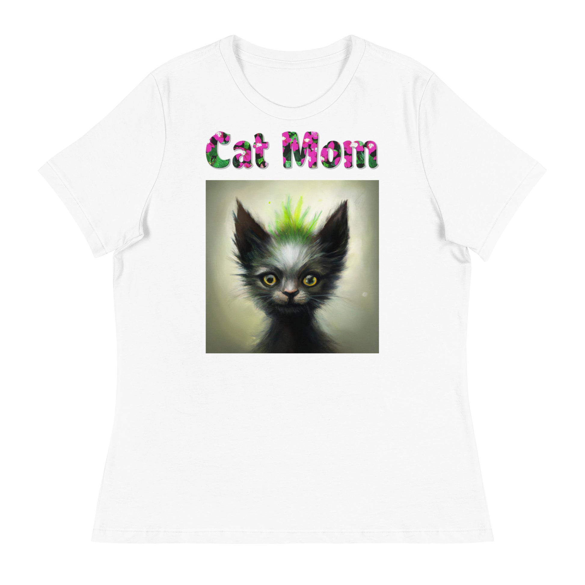 Womens WhiteT-Shirt with Alien Cat With Spikes with a text "Cat Mom" at $25.97 found at Personalizedpetlovergifts