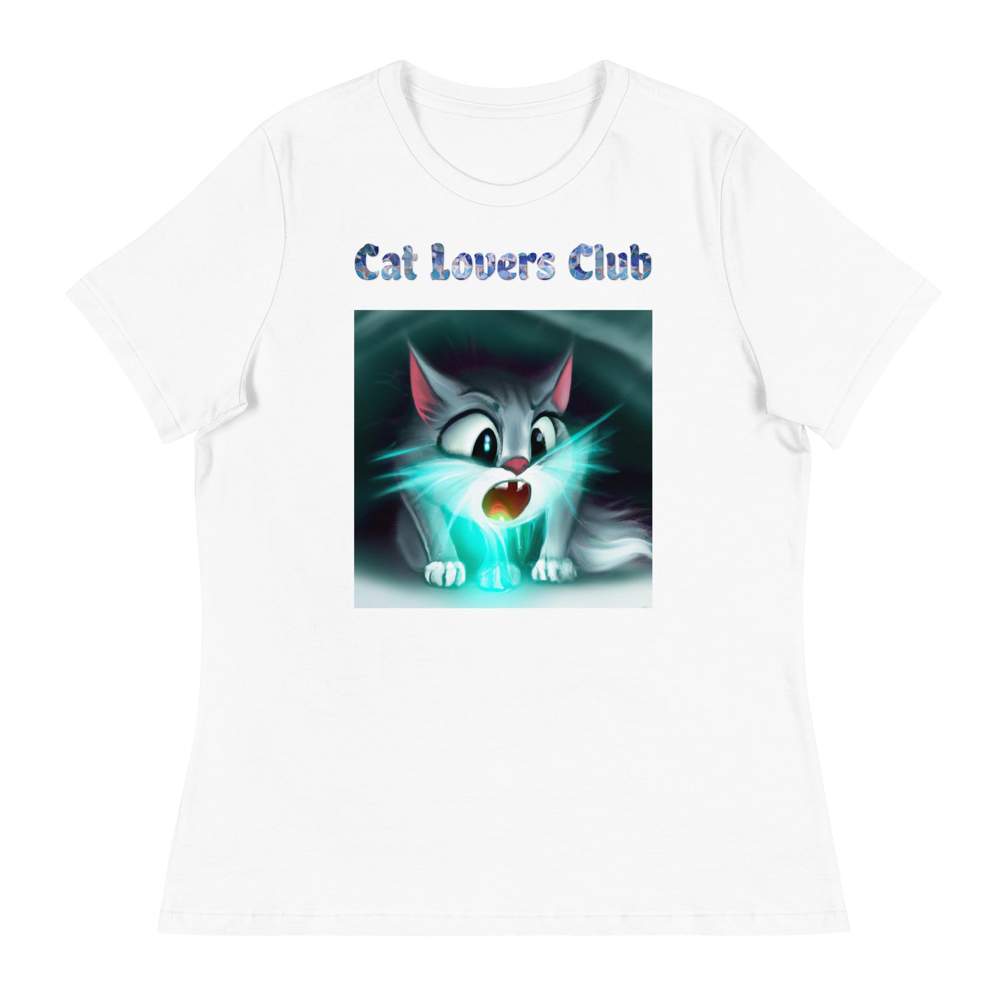 Women's White T-Shirt with Cat With a Blue Light with a text "Cat Lovers Club" at $25.97 found at Personalizedpetlovergifts