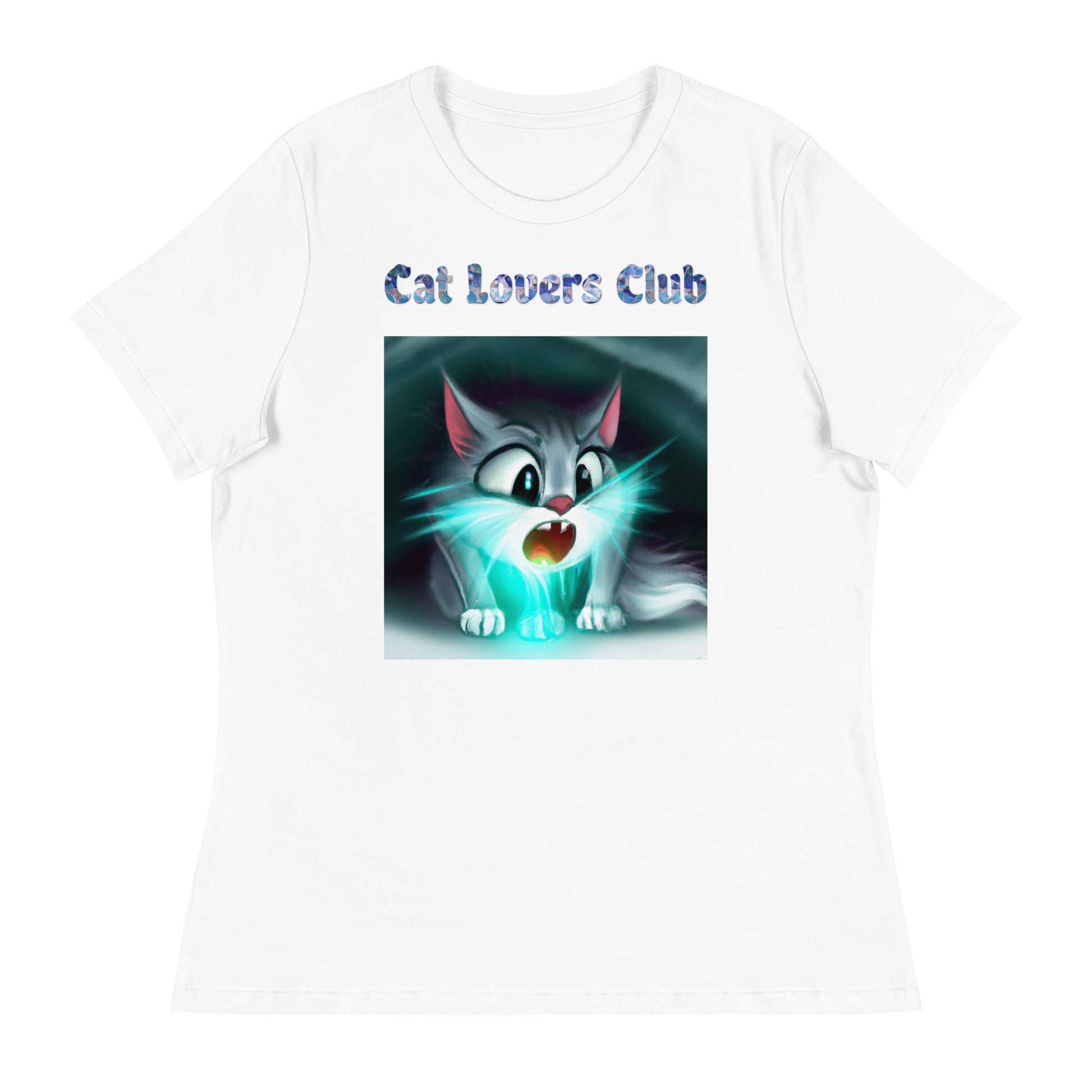 Women's White T-Shirt with Cat With a Blue Light with a text "Cat Lovers Club" at $25.97 found at Personalizedpetlovergifts